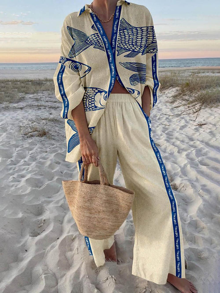 Gisela | Bluse Oversize mit Ozeanprint aus Stil Insel und Hose mit elastischen Taschen