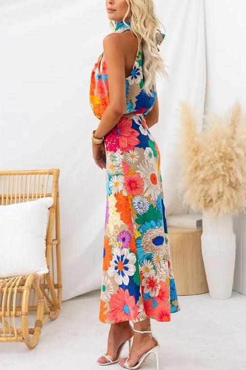 Nele | Kleid maxi ärmellos mit Taillenknoten und Blumenprint