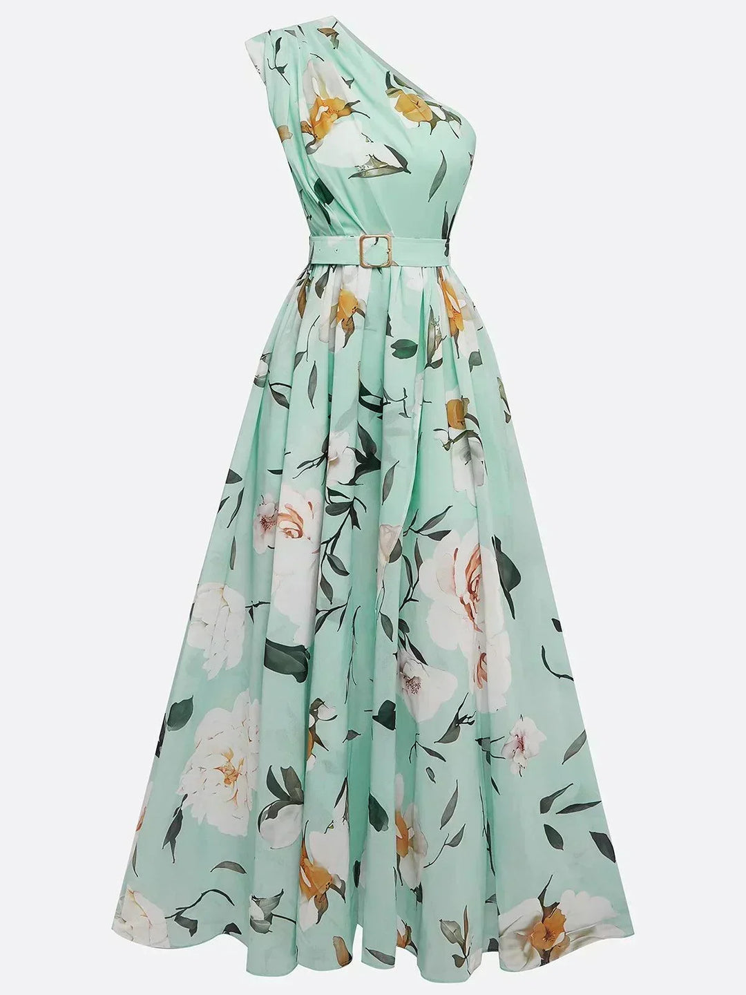 Amelie | Maxikleid Chiffon mit Blumenmuster mit freien Schultern hellgrün