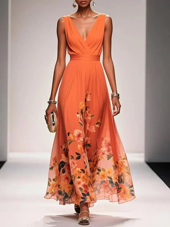 Paula | Maxikleid aus Chiffon mit Blumen hellblau und V-Ausschnitt