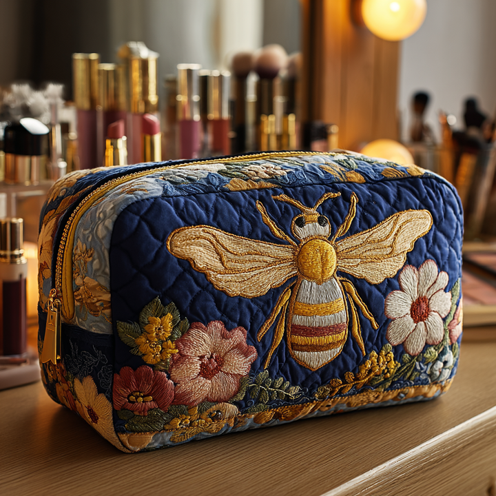 Gesteppte Kosmetiktasche mit Bienen und Blumen