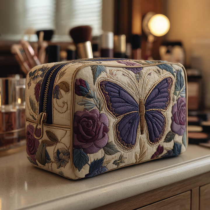 Gesteppte Kosmetiktasche mit Schmetterlingen und Blumen