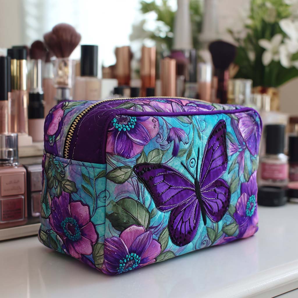 Gesteppte Kosmetiktasche mit Schmetterlingen und Blumen