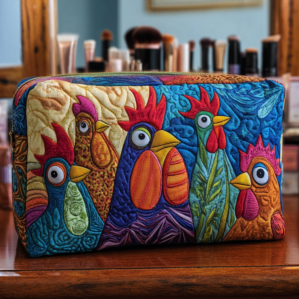 Gesteppte Kosmetiktasche mit Henne und Blumen