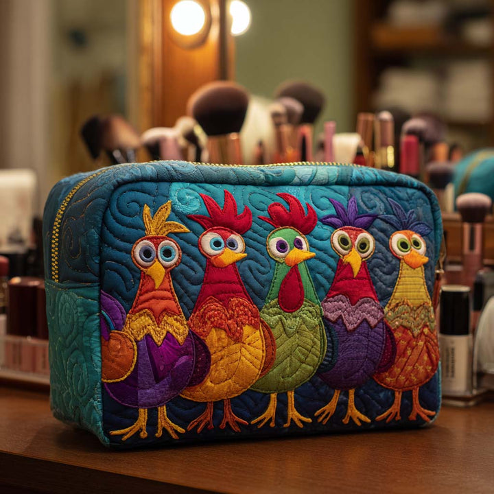 Gesteppte Kosmetiktasche mit Huhn und Herzen