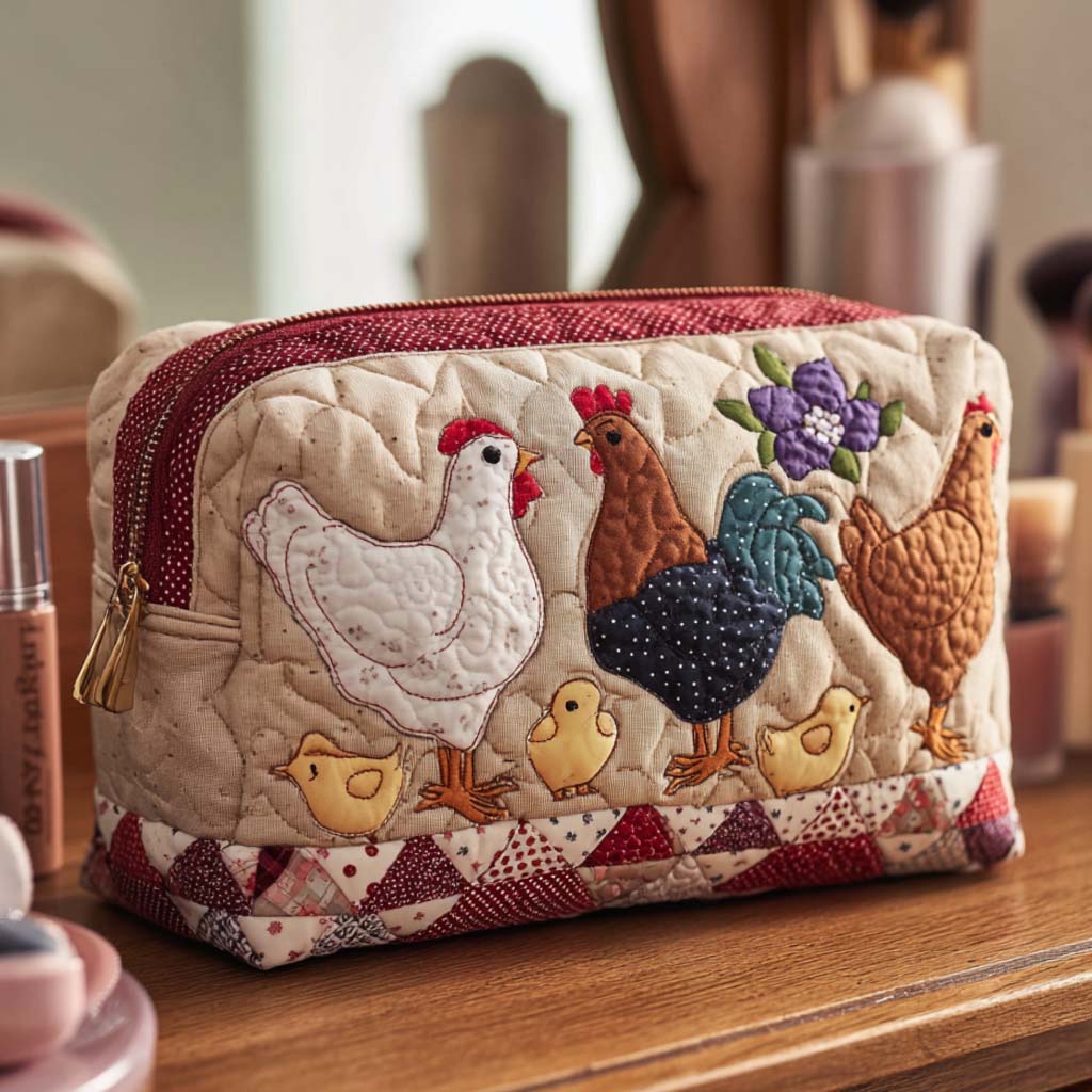 Gesteppte Kosmetiktasche mit Henne im Nest
