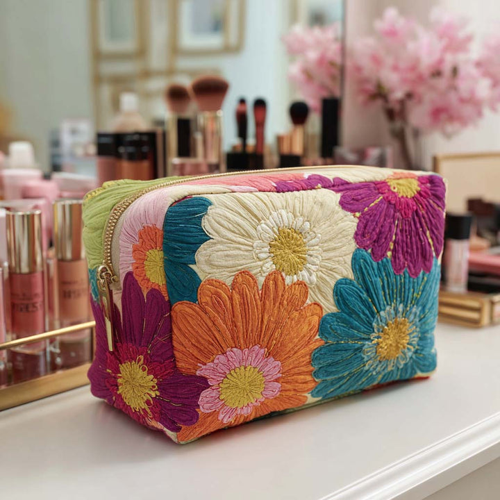 Gesteppte Kosmetiktasche mit leuchtenden Gänseblümchen