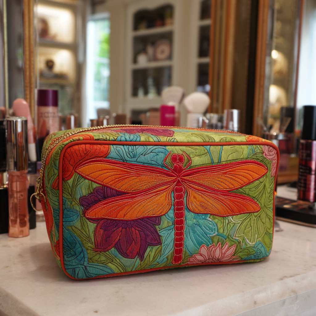 Gesteppte Kosmetiktasche mit Libellen und Blumen