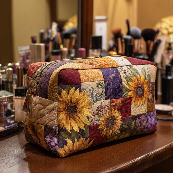 Gesteppte Kosmetiktasche mit goldener Blume