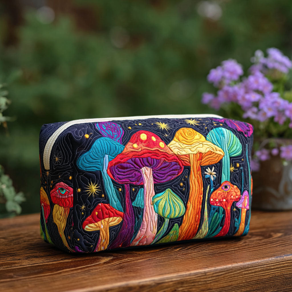 Gesteppte Kosmetiktasche mit Retro-Pilzen