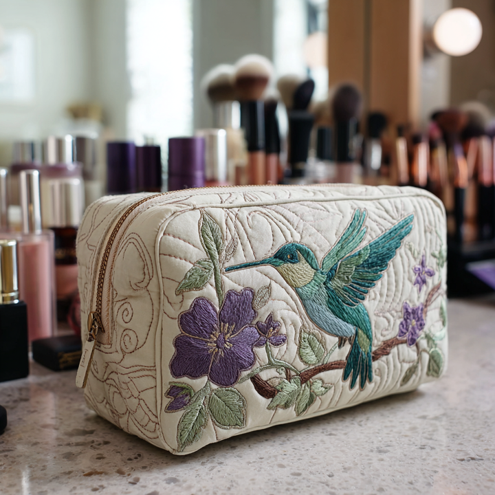 Gesteppte Kosmetiktasche mit Kolibris und Blumen