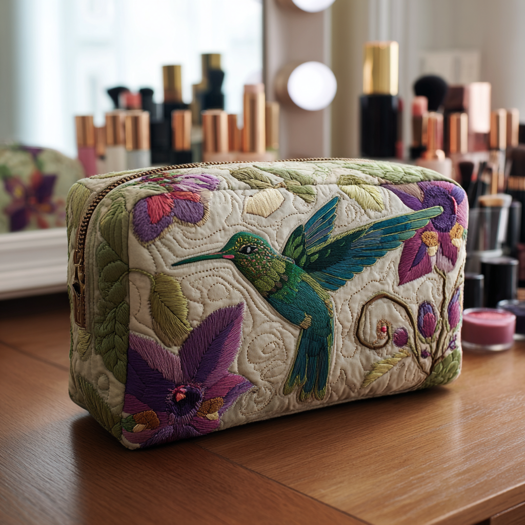 Gesteppte Kosmetiktasche mit Kolibri-Garten