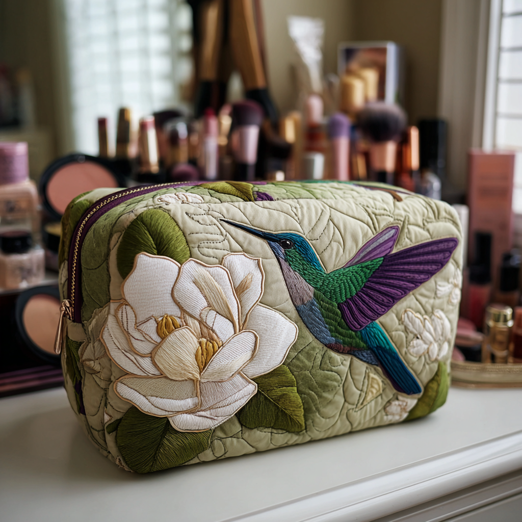 Gesteppte Kosmetiktasche mit Kolibris auf der Wiese