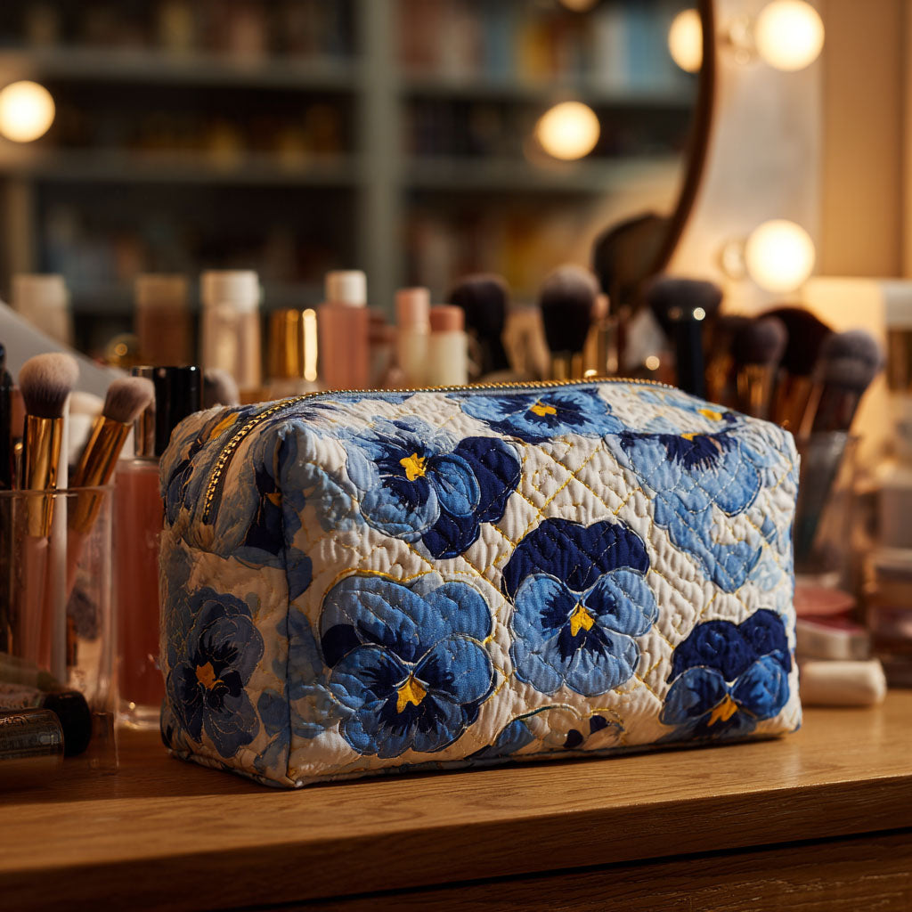 Gesteppte Kosmetiktasche mit Stiefmütterchen