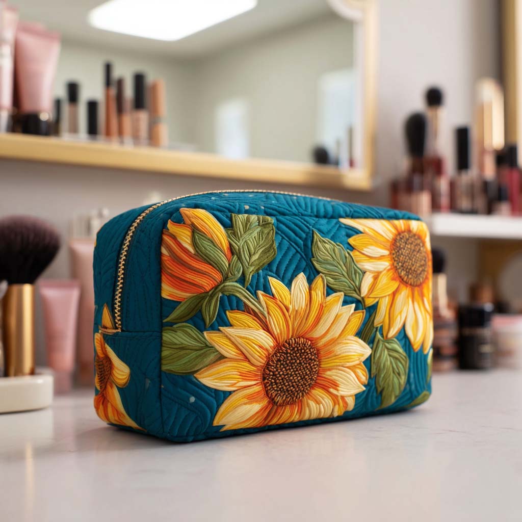Gesteppte Kosmetiktasche mit fröhlicher Blume