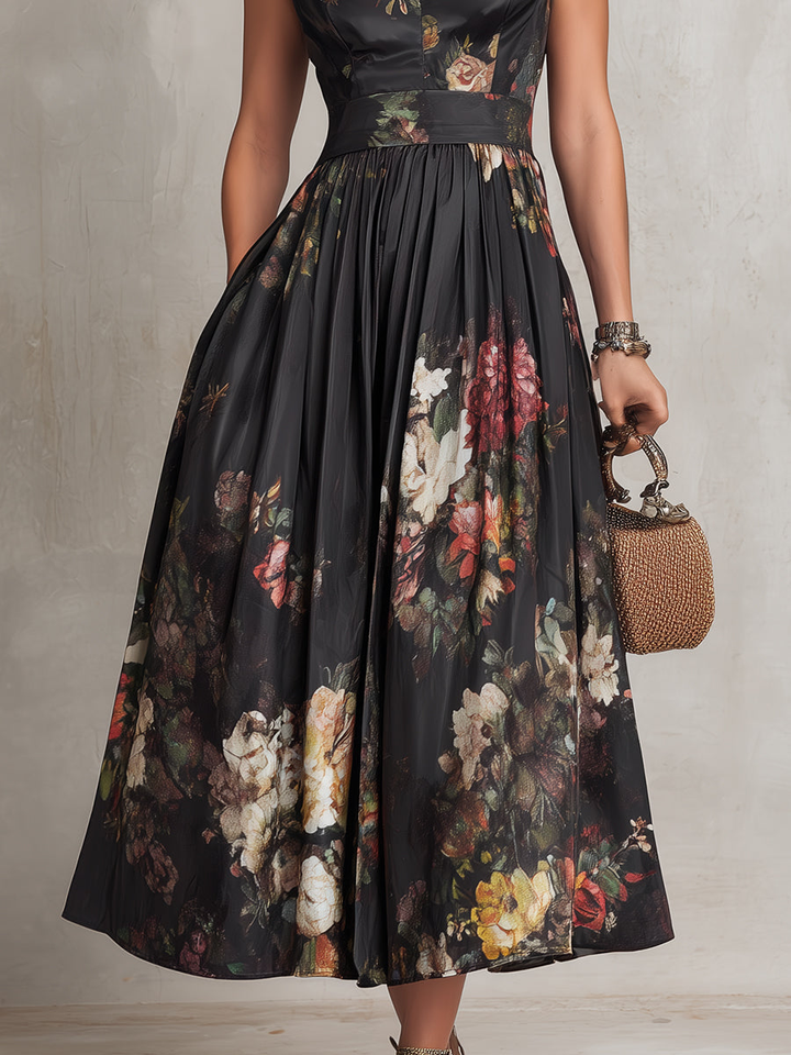 Greta | Midikleid plissiert aus Satin mit Blumenmuster schwarz