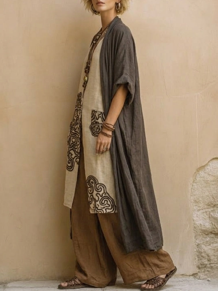 Elisabeth | Dreiteiliges Set aus dunkelgrau und braun mit Tribalprint