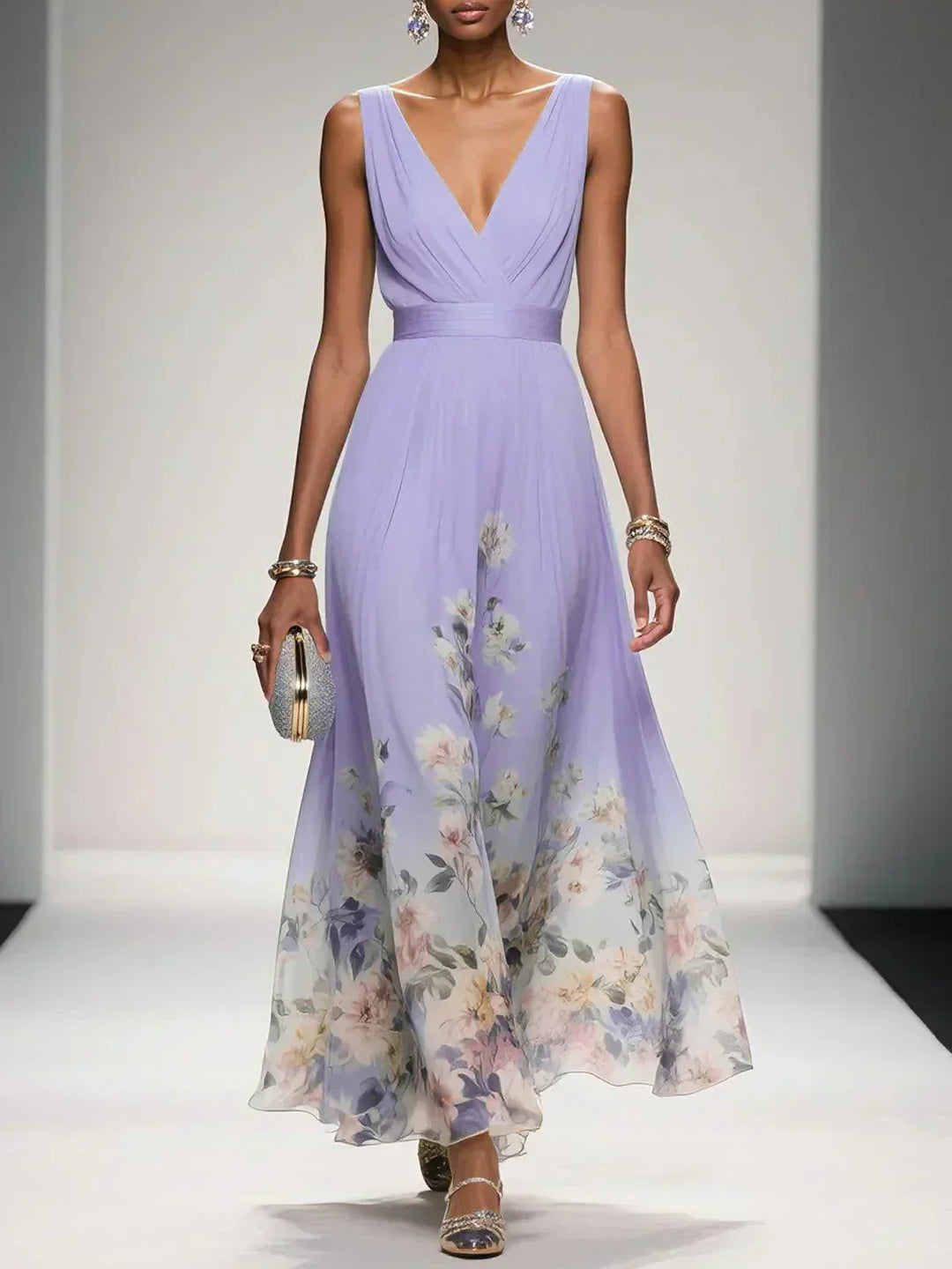 Paula | Maxikleid aus Chiffon mit Blumen hellblau und V-Ausschnitt