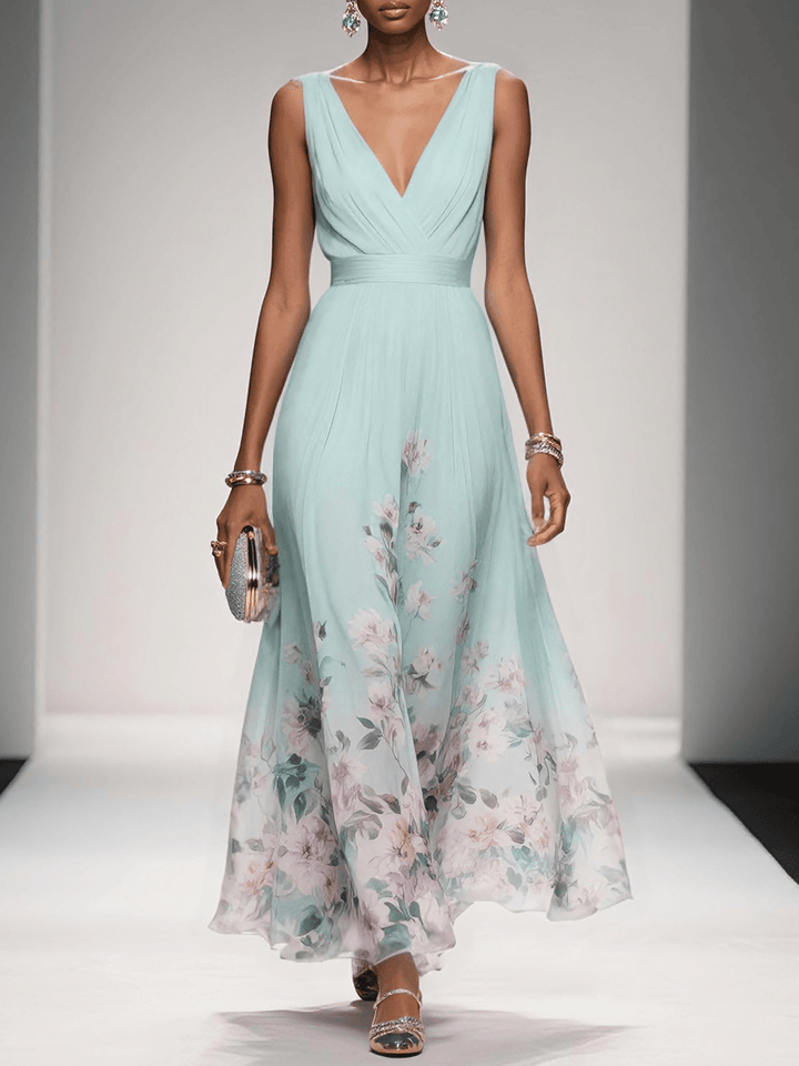 Paula | Maxikleid aus Chiffon mit Blumen hellblau und V-Ausschnitt