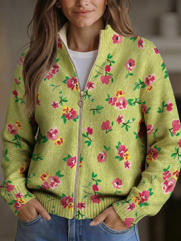 Elke | Grüne Strickjacke mit Blumenmuster
