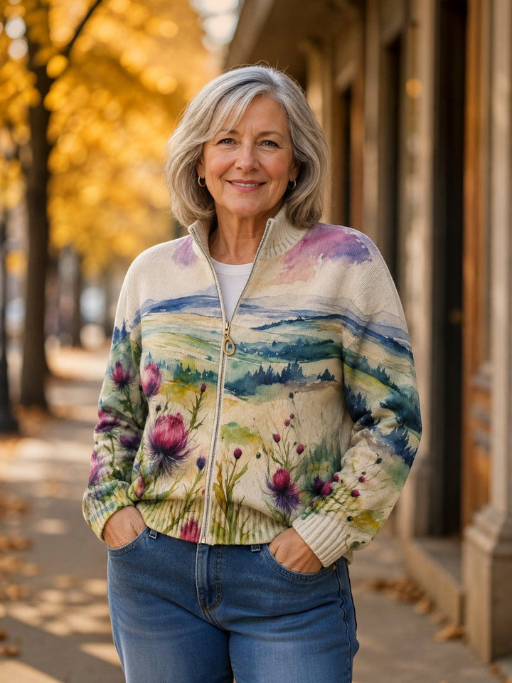 Heike | Strickjacke mit Distel- und Landschaftsmotiv