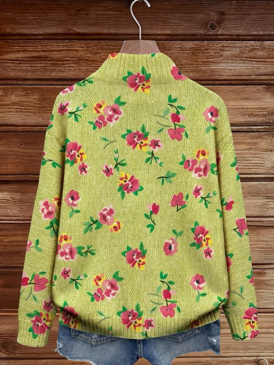 Elke | Grüne Strickjacke mit Blumenmuster