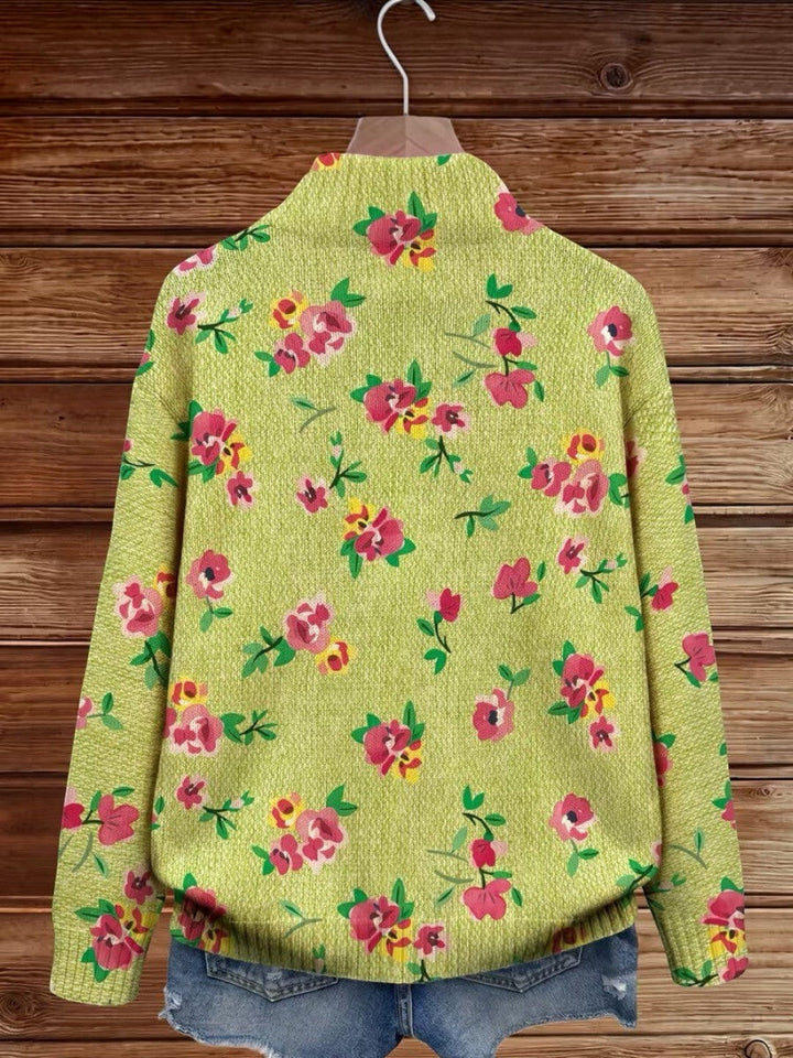 Elke | Grüne Strickjacke mit Blumenmuster