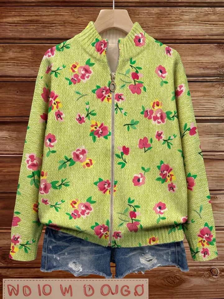 Elke | Grüne Strickjacke mit Blumenmuster