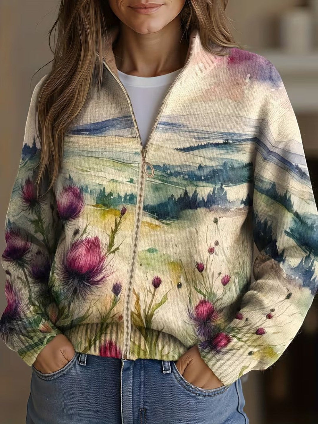 Heike | Strickjacke mit Distel- und Landschaftsmotiv